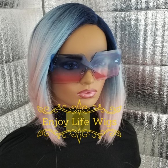 3 color pink blonde blue bob human blend wig main image 6